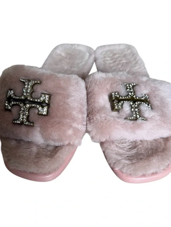 Tory Burch Pink Fur Slide Sandals with Crystal Logo - Picture 2 of 5